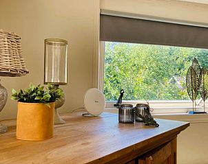 Vensterbank met decoraties in Huisje in Balkbrug, vakantiehuis in Vechtstreek, Overijssel, met uitzicht op de tuin.