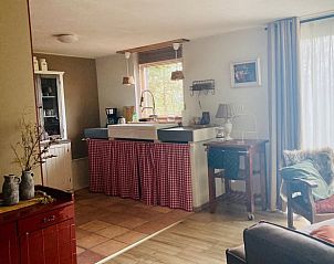 Woonkamer in Huisje in Balkbrug, vakantiehuis in Vechtstreek, Overijssel, met houtkachel en rustieke sfeer.