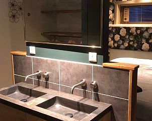 Badkamer met dubbele wastafel in Vakantiehuisje in Vinkenbuurt, Vechtstreek, Overijssel.