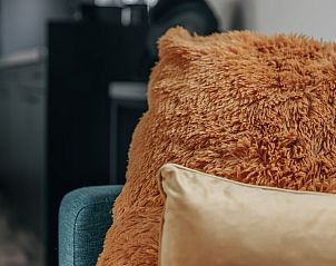 Gezellige binnenruimte van Koekoek kindvriendelijk 6 chalet in Giethoorn, Overijssel met comfortabele kussens voor een ontspannen verblijf.