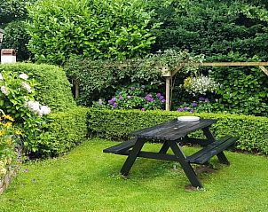 Picknickplek in de weelderige tuin van Huisje in De Pol, vakantiehuis in Noordwest Overijssel, Overijssel.