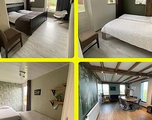 Collage van kamers in Vakantiehuis in Wanneperveen, Overijssel, met diverse slaapkamers en gezellige eetruimte.