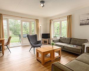 Gezellige woonkamer van Tjasker Wellness 6 vakantiehuis in Paasloo, Noordwest Overijssel met uitzicht op groene tuin.