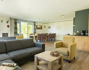 Ruime woonkamer in vakantiehuis Keizerlibel 12, Paasloo, met moderne inrichting en uitzicht op de groene omgeving van Noordwest Overijssel.