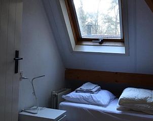 Slaapkamer met dakraam en uitzicht op bomen in Vakantiehuisje in IJhorst.
