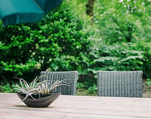 Terrastafel met parasol bij Huisje in IJhorst, vakantiehuis in Noordwest Overijssel, Overijssel.