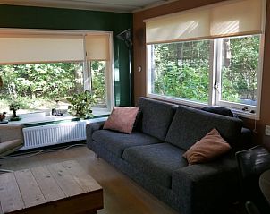 Comfortabele zithoek in Vakantiehuisje in IJhorst, met grote ramen en uitzicht op de bosrijke omgeving.