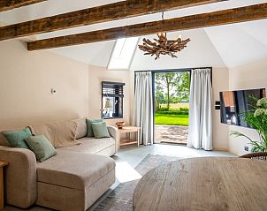 Gezellige woonkamer in Vakantiehuis in IJhorst, Noordwest Overijssel, met comfortabele zithoek en uitzicht op de groene natuur.