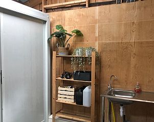 Vakantiehuis in Eesveen, houten interieur met planten en gootsteen, Noordwest Overijssel, Overijssel.