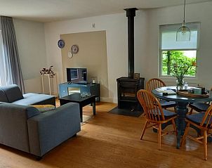 Vakantiehuis in Baars, moderne woonkamer met houtkachel en comfortabele zithoek in Overijssel.