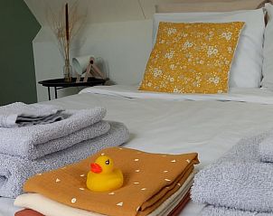 Vakantiehuis in Baars, knusse slaapkamer met kleurrijke kussens en handdoeken in Noordwest Overijssel.