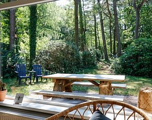 Groot raam in Vakantiehuisje in Baarn, Utrecht noord, met uitzicht op de serene tuin en het bos.