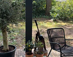 Veranda van Vakantiehuisje in Baarn, Utrecht noord, met uitzicht op de groene tuin.