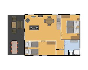 Plattegrond van Bungalow Schoonoord, vakantiehuis in Doorn, Utrechtse Heuvelrug, met ruime indeling en comfortabele slaapkamers.