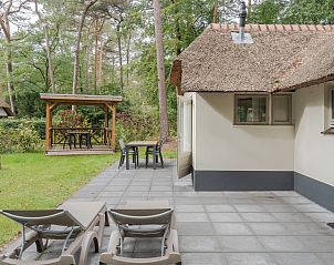 Zonnige patio van Bungalow Ruiterberg in Doorn met ligstoelen op de Utrechtse Heuvelrug.