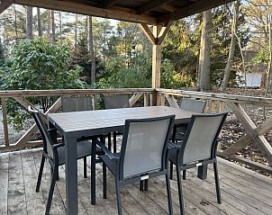 Houten veranda van Bungalow Ruiterberg in Doorn omgeven door groen op de Utrechtse Heuvelrug.