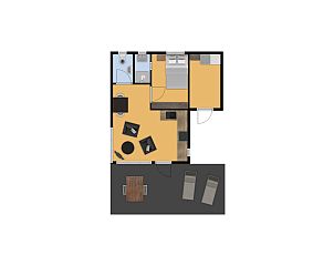 Plattegrond van Bungalow Anderstein, Doorn, Utrechtse Heuvelrug met indeling van kamers en terras.