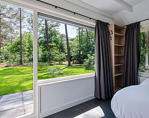 Blick auf den Garten vom Schlafzimmer im Bungalow Dennenburg, Doorn, Utrechtse Heuvelrug.