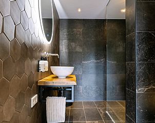Moderne badkamer in Huisje in Rhenen, Utrechtse Heuvelrug, met luxe afwerking en stijlvolle tegels.