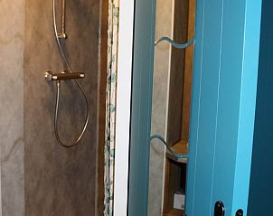 Badkamer met douche en blauwe deur in Vakantiehuisje in Achterveld, Utrechtse Heuvelrug, met moderne accenten.