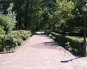 Bestrate oprijlaan naar vakantiehuisje in Maarsbergen, omgeven door groen, Utrechtse Heuvelrug.