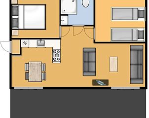 Plattegrond van Bungalow de Dukdalf in Kamperland, overzicht van kamers en indeling.
