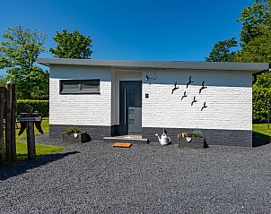 Vorderansicht des Ferienhauses Patrijzenlaan 5, De Banjaard, Kamperland mit dekorativen Elementen.