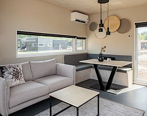 Modern living room in Sauna Lodge 2, a vacation home in Kamperland, North Beveland, Zeeland, with stylish interior and plenty of natural light.