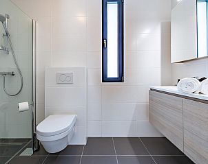 Stilvolles Badezimmer in Duinvallei 09, Ferienhaus in Kamperland, Zeeland, mit moderner Dusche und Waschbecken.