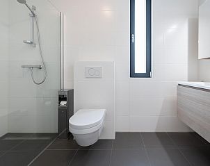 Modernes Badezimmer in Duinvallei 09, Ferienhaus in Kamperland, Noord-Beveland, mit groer Dusche und Waschbecken.