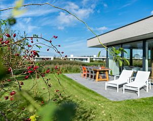 Tuin met ligstoelen en terras bij Waterlijn 09, vakantiehuis in Kamperland, Zeeland.