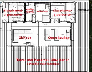 Map of vacation home in Kamperland with layout of rooms and terrace in North Beveland, Zeeland.