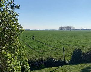 Blick auf weitlufige grne Felder vom Ferienhaus in Kamperland, Noord-Beveland, Zeeland, ideal fr Naturliebhaber.
