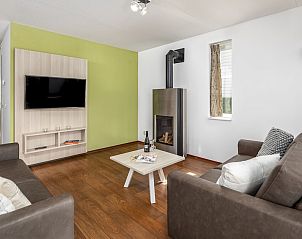 Gezellige woonkamer van Kindervilla Comfort 6 in Bruinisse, Schouwen-Duiveland, Zeeland met moderne inrichting en sfeervolle haard.