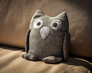 Schattig uilenkussen op de bank in Vakantiehuis Zonnedorp 1, Solskin in Renesse, Zeeland.