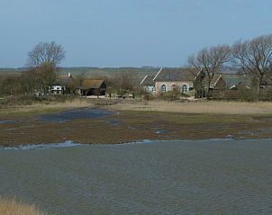 Uitzicht op Lodge Tureluur in Kerkwerve, Zeeland te midden van uitgestrekte velden en waterlandschap.
