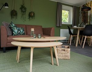 Stijlvolle binnenruimte van Vakantiehuisje in Noordwelle met groene accenten, Schouwen-Duiveland, Zeeland.