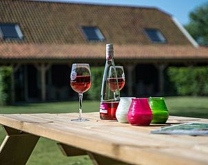 Picknicktafel met wijn op het grasveld van Vakantiehuisje in Noordwelle, ontspannen sfeer in Schouwen-Duiveland, Zeeland.