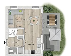 Terras met zitgedeelte bij VZ1078 Vakantiehuis in Oostkapelle, ideaal voor ontspanning.