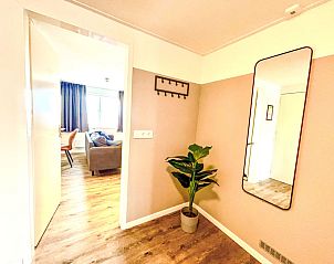 Entree van Appartement Beach House Westkapelle 107.6, Westkapelle, Zeeland met spiegel en decoratieve plant.