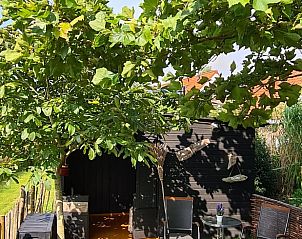 Schaduwrijke tuin bij Vakantiehuis in Middelburg, Walcheren, Zeeland met comfortabele zitplek onder de bomen.