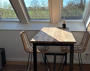 Eettafel bij dakraam in Huisje in Middelburg, vakantiehuis in Walcheren, Zeeland met uitzicht op de natuur.