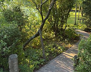 Sfeervol tuinpad bij Huisje in Middelburg, vakantiehuis in Walcheren, Zeeland omgeven door groen.