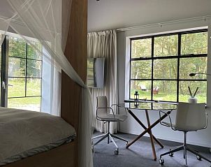 Slaapkamer met werkplek en uitzicht op tuin bij Vakantiehuisje in Biggekerke, Walcheren, Zeeland.