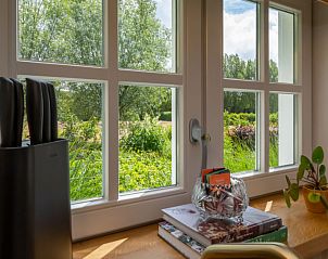 Uitzicht vanuit keukenraam van Vakantiehuis De kleine Pionier in Grijpskerke, Walcheren, Zeeland op groene omgeving.