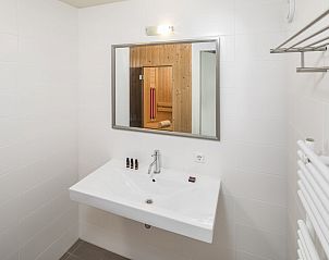 Modern bathroom of Villa 8G Luxe in Cadzand-bad, Zeeland with spacious sink and mirror, ideal vacation home for relaxation.