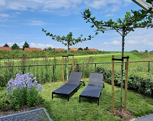 Ontspannen ligstoelen in de tuin van Vakantiehuis Waterresort Oosterschelde huisnr. 83 in Wemeldinge, omgeven door groen.