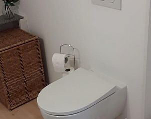 Stijlvolle badkamer in Vakantiehuisje in Vlake, Zuid-Beveland met toilet.