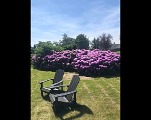 Tuin van Vakantiehuisje in Oud-Alblas met kleurrijke bloemen en zitgelegenheid, Alblasserwaard, Zuid-Holland.