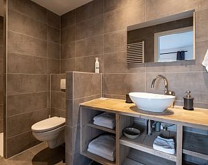 Moderne badkamer in Vakantiehuisje in Streefkerk, compleet met douche en wastafel.